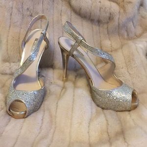Gold Guess open toe 5 inch heels